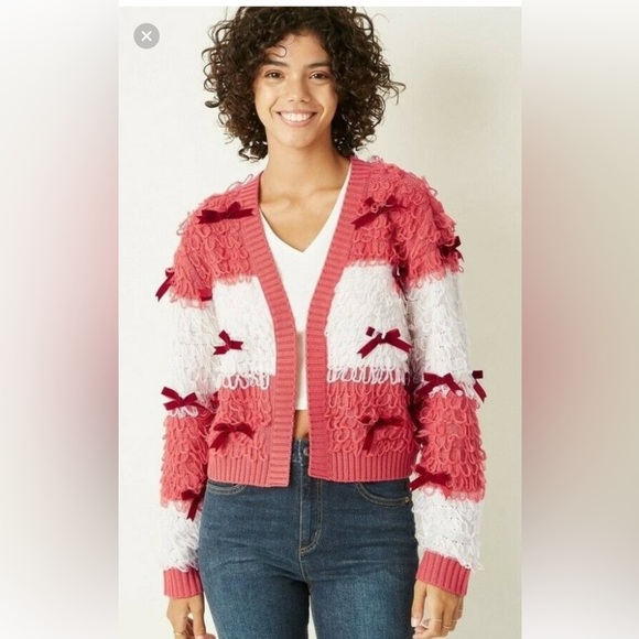 Mighty Fine Sweaters - Mighty Fine Striped Red & White Bow Cardigan Sweater Women’s Size L